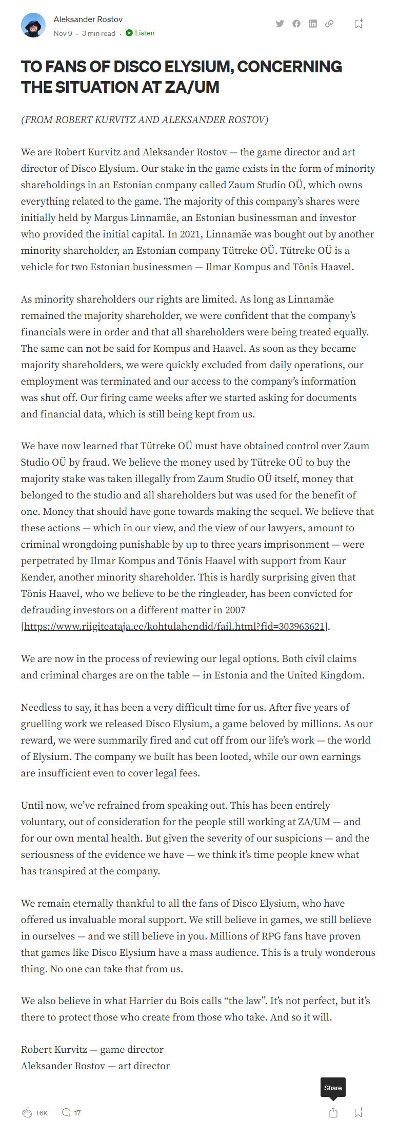 【《极乐迪斯科》主创发声:控诉新股东以欺诈性手段收购公司】10月末,《极乐迪斯科》的首席设计师和 Studio ZA/U